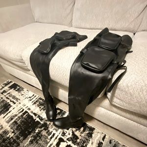 Black leather thigh high fashion combat boots with pockets